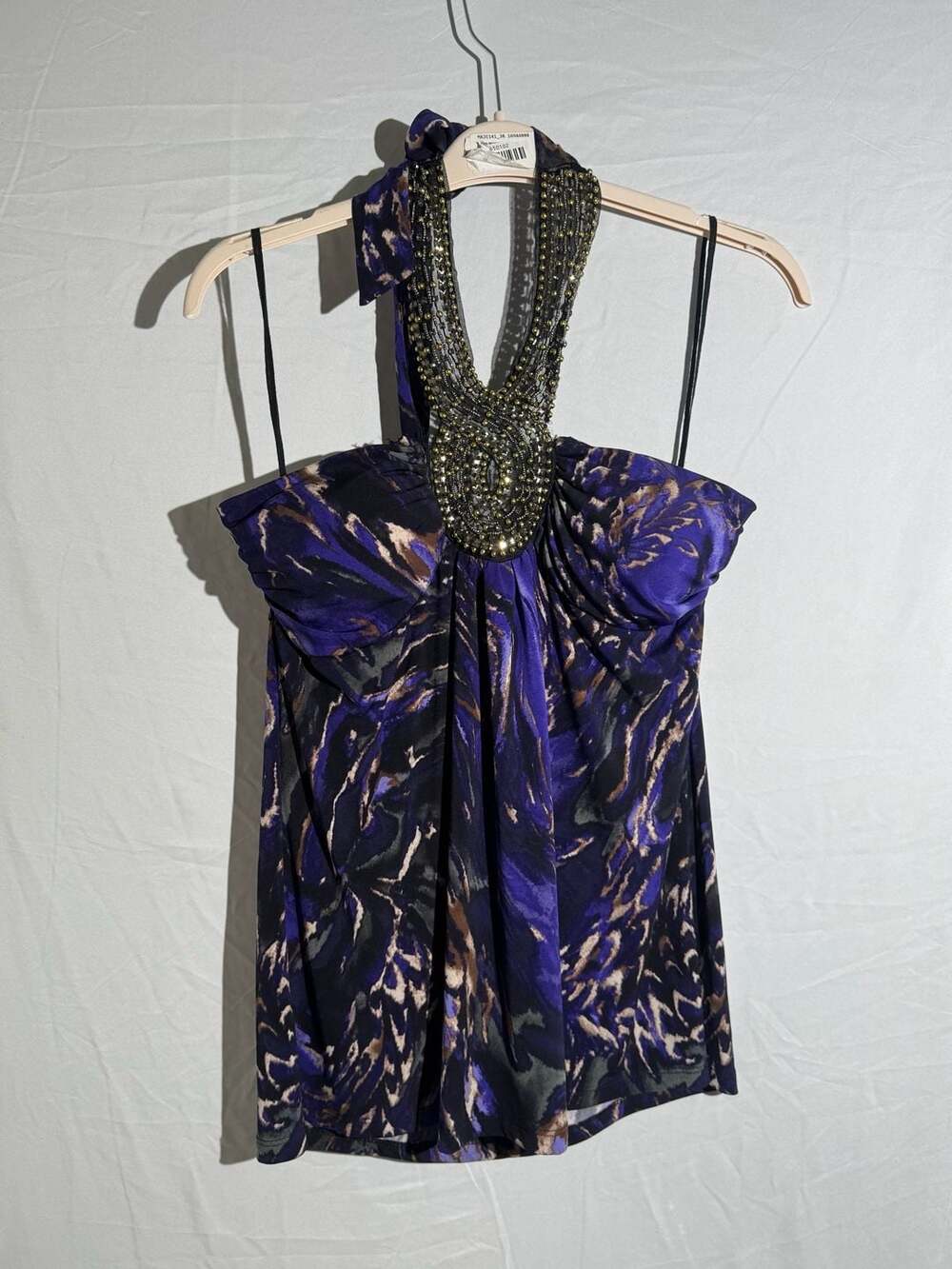 Perception Beaded Halter Top Womens Large Purple Black Abstract Graphic Print⁠